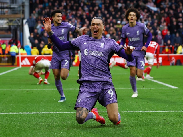 Darwin Nunez del Liverpool celebra el seu primer gol el 2 de març de 2024