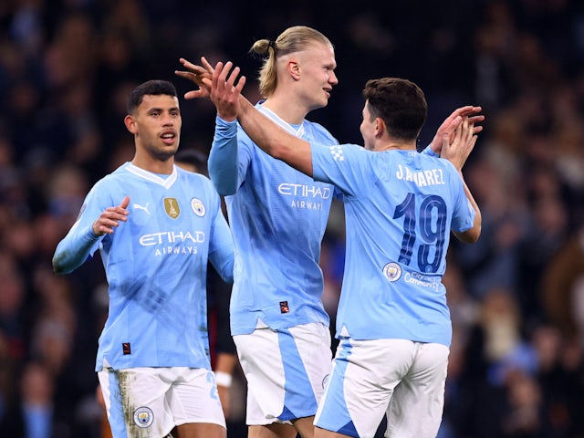 Erling Haaland del Manchester City celebra el gol amb Matheus Nunes i Julian Alvarez el 6 de març de 2024