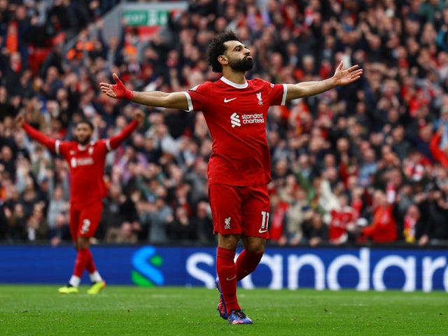 Mohamed Salah del Liverpool celebra el seu segon gol el 31 de març de 2024